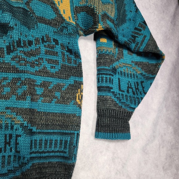 Saturdays Mens Vintage Teal Black Gold Geometric Pattern Knit Sweater size Large - Picture 10 of 14